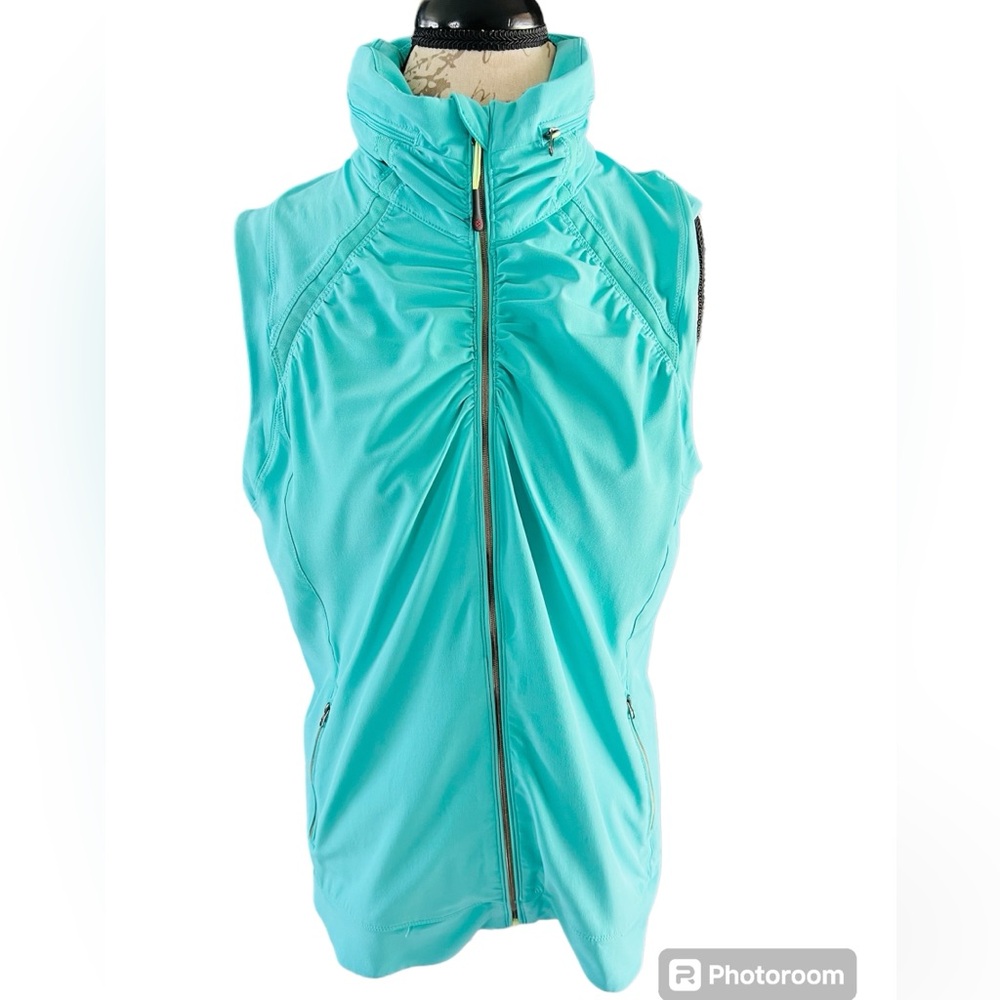 tangerine aqua blue teal sleeveless full zip hooded activewear vest xl